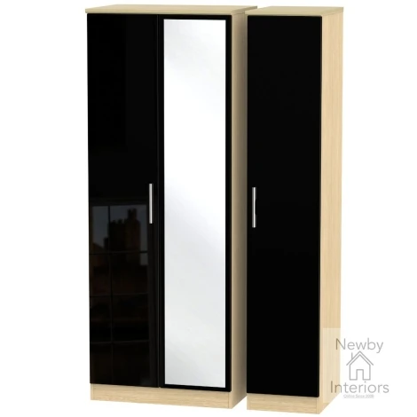 KNI147-BG-OK - Knightsbridge - 3 Door Triple Tall Mirror Wardrobe - Black Gloss Front and Oak Base