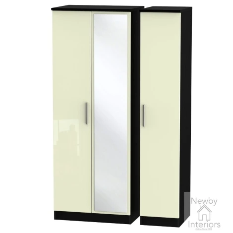 KNI147-CG-BM - Knightsbridge - 3 Door Triple Tall Mirror Wardrobe - Cream Gloss Front and Black Matt Base