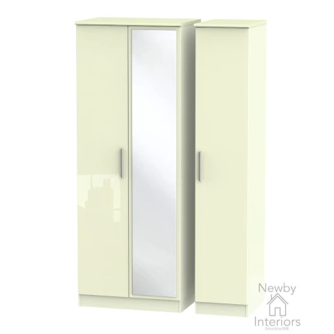 KNI147-CG-CM - Knightsbridge - 3 Door Triple Tall Mirror Wardrobe - Cream Gloss Front and Matt Base