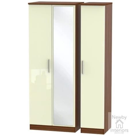 KNI147-CG-NW - Knightsbridge - 3 Door Triple Tall Mirror Wardrobe - Cream Gloss Front and Noche Walnut Base