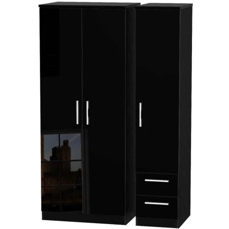 KNI150-BG-BM - Knightsbridge - 3 Door 2 Small Drawer Triple Wardrobe - Black Gloss Front and Matt Base