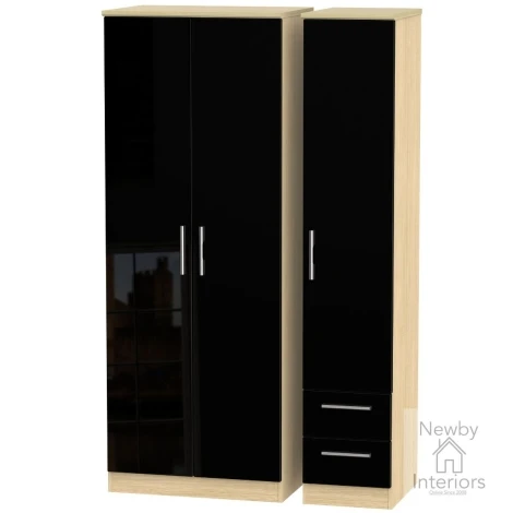 KNI150-BG-OK - Knightsbridge - 3 Door 2 Small Drawer Triple Wardrobe - Black Gloss Front and Oak Base