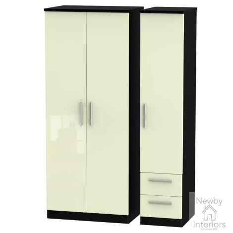 KNI150-CG-BM - Knightsbridge - 3 Door 2 Small Drawer Triple Wardrobe - Cream Gloss Front and Black Matt Base