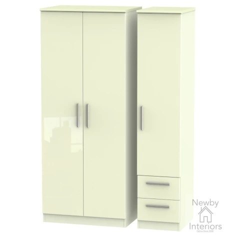 KNI150-CG-CM - Knightsbridge - 3 Door 2 Small Drawer Triple Wardrobe - Cream Gloss Front and Matt Base