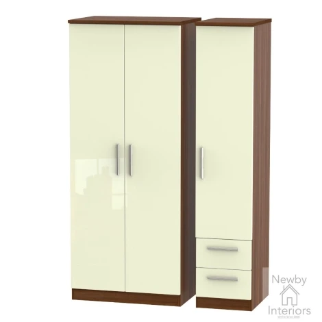 KNI150-CG-NW - Knightsbridge - 3 Door 2 Small Drawer Triple Wardrobe - Cream Gloss Front and Noche Walnut Base