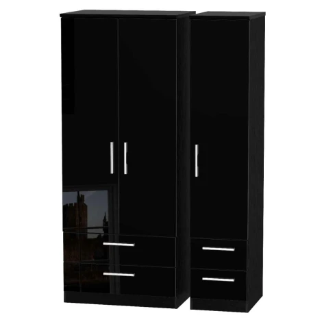 KNI151-BG-BM - Knightsbridge - 3 Door 4 Drawer Triple Wardrobe - Black Gloss Front and Matt Base