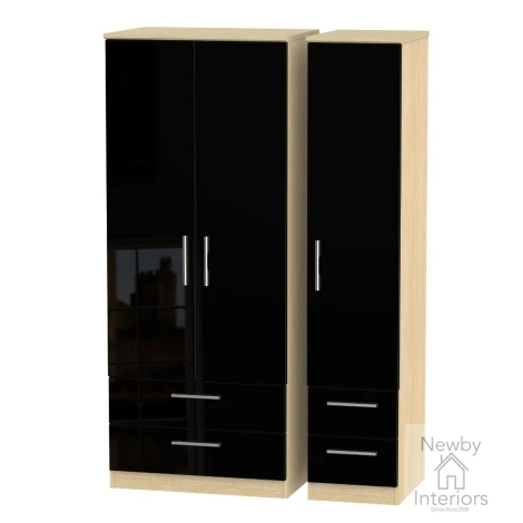 KNI151-BG-OK - Knightsbridge - 3 Door 4 Drawer Triple Wardrobe - Black Gloss Front and Oak Base