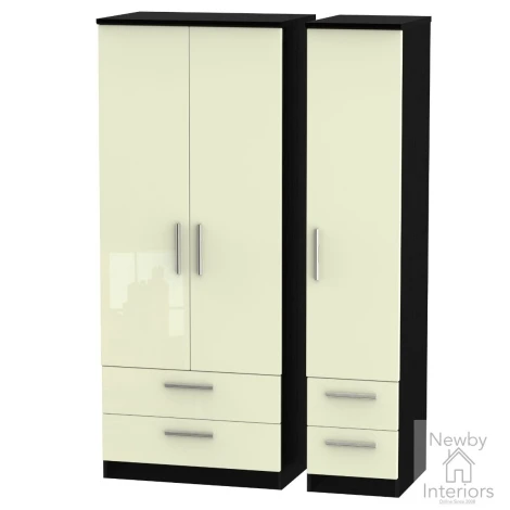 KNI151-CG-BM - Knightsbridge - 3 Door 4 Drawer Triple Wardrobe - Cream Gloss Front and Black Matt Base
