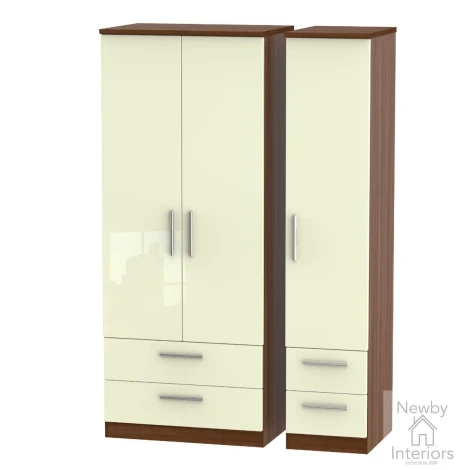 KNI151-CG-NW - Knightsbridge - 3 Door 4 Drawer Triple Wardrobe - Cream Gloss Front and Noche Walnut Base