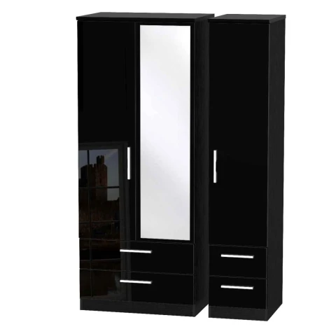 KNI152-BG-BM - Knightsbridge - 3 Door 4 Drawer Triple Mirror Wardrobe - Black Gloss Front and Matt Base