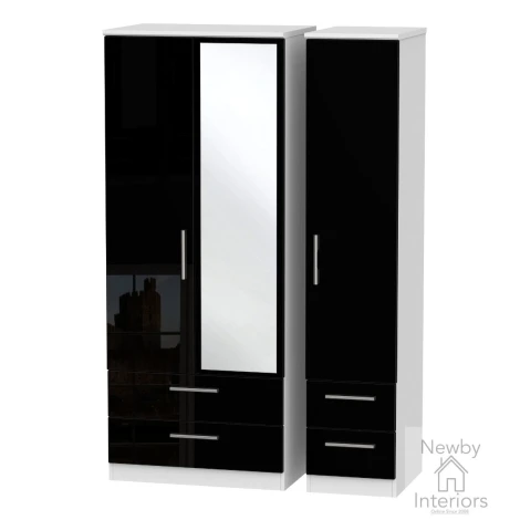KNI152-BG-BW - Knightsbridge - 3 Door 4 Drawer Triple Mirror Wardrobe - Black Gloss Front and White Base