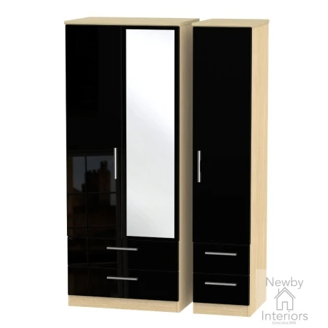 KNI152-BG-OK - Knightsbridge - 3 Door 4 Drawer Triple Mirror Wardrobe - Black Gloss Front and Oak Base