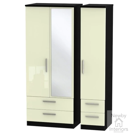 KNI152-CG-BM - Knightsbridge - 3 Door 4 Drawer Triple Mirror Wardrobe - Cream Gloss Front and Black Matt Base