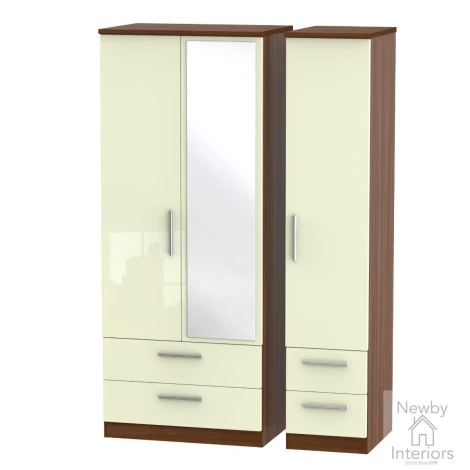 KNI152-CG-NW - Knightsbridge - 3 Door 4 Drawer Triple Mirror Wardrobe - Cream Gloss Front and Noche Walnut Base