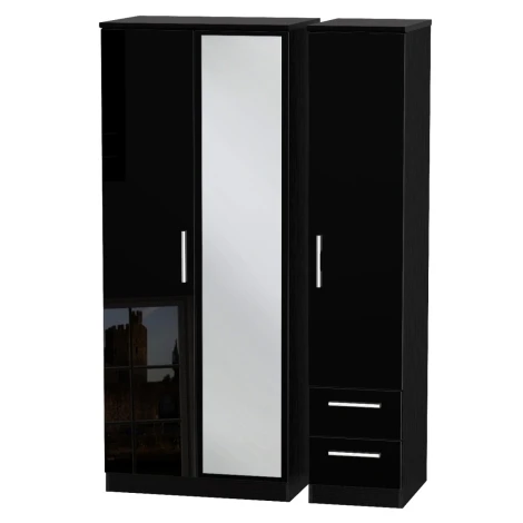 KNI157-BG-BM - Knightsbridge - 3 Door 2 Small Drawer Triple Mirror Wardrobe - Black Gloss Front and Matt Base