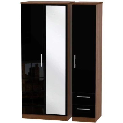 KNI157-BG-NW - Knightsbridge - 3 Door 2 Small Drawer Triple Mirror Wardrobe - Black Gloss Front and Noche Walnut Base