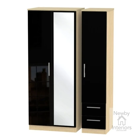 KNI157-BG-OK - Knightsbridge - 3 Door 2 Small Drawer Triple Mirror Wardrobe - Black Gloss Front and Oak Base