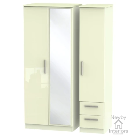 KNI157-CG-CM - Knightsbridge - 3 Door 2 Small Drawer Triple Mirror Wardrobe - Cream Gloss Front and Matt Base