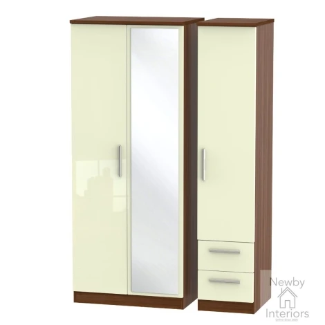 KNI157-CG-NW - Knightsbridge - 3 Door 2 Small Drawer Triple Mirror Wardrobe - Cream Gloss Front and Noche Walnut Base