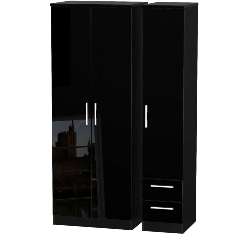 KNI160-BG-BM - Knightsbridge - 3 Door 2 Small Drawer Tall Triple Wardrobe - Black Gloss Front and Matt Base
