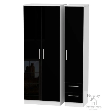 KNI160-BG-BW - Knightsbridge - 3 Door 2 Small Drawer Tall Triple Wardrobe - Black Gloss Front and White Base