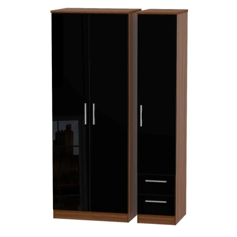 KNI160-BG-NW - Knightsbridge - 3 Door 2 Small Drawer Tall Triple Wardrobe - Black Gloss Front and Noche Walnut Base