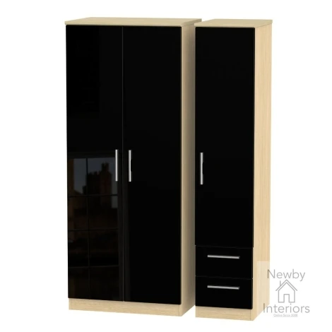 KNI160-BG-OK - Knightsbridge - 3 Door 2 Small Drawer Tall Triple Wardrobe - Black Gloss Front and Oak Base