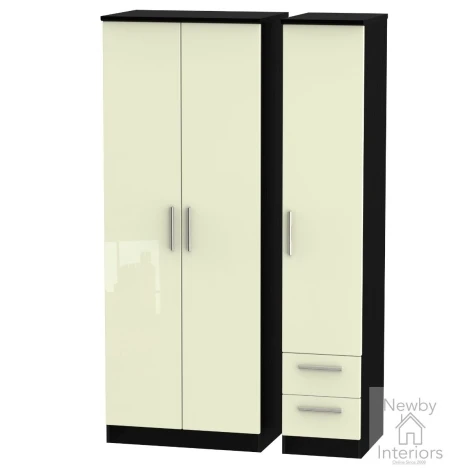 KNI160-CG-BM - Knightsbridge - 3 Door 2 Small Drawer Tall Triple Wardrobe - Cream Gloss Front and Black Matt Base