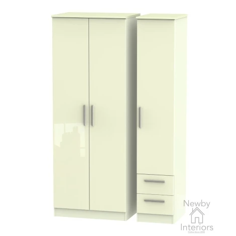 KNI160-CG-CM - Knightsbridge - 3 Door 2 Small Drawer Tall Triple Wardrobe - Cream Gloss Front and Matt Base
