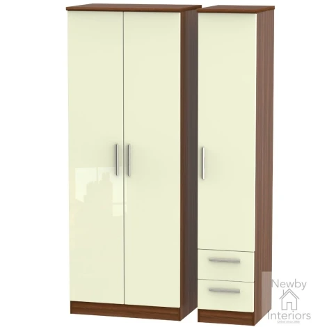 KNI160-CG-NW - Knightsbridge - 3 Door 2 Small Drawer Tall Triple Wardrobe - Cream Gloss Front and Noche Walnut Base