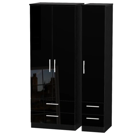 KNI161-BG-BM - Knightsbridge - 3 Door 4 Drawer Tall Triple Wardrobe - Black Gloss Front and Matt Base