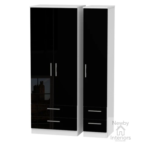 KNI161-BG-BW - Knightsbridge - 3 Door 4 Drawer Tall Triple Wardrobe - Black Gloss Front and White Base