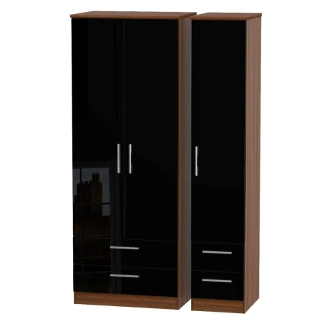 KNI161-BG-NW - Knightsbridge - 3 Door 4 Drawer Tall Triple Wardrobe - Black Gloss Front and Noche Walnut Base