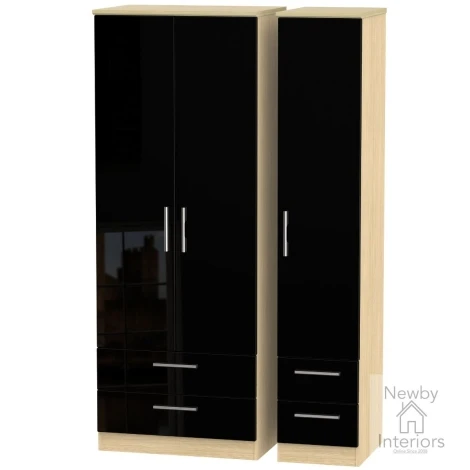 KNI161-BG-OK - Knightsbridge - 3 Door 4 Drawer Tall Triple Wardrobe - Black Gloss Front and Oak Base