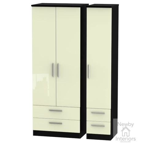 KNI161-CG-BM - Knightsbridge - 3 Door 4 Drawer Tall Triple Wardrobe - Cream Gloss Front and Black Matt Base