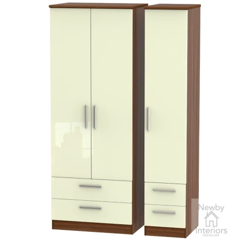 KNI161-CG-NW - Knightsbridge - 3 Door 4 Drawer Tall Triple Wardrobe - Cream Gloss Front and Noche Walnut Base
