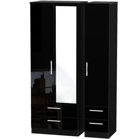 KNI162-BG-BM - Knightsbridge - 3 Door 4 Drawer Tall Triple Mirror Wardrobe - Black Gloss Front and Matt Base