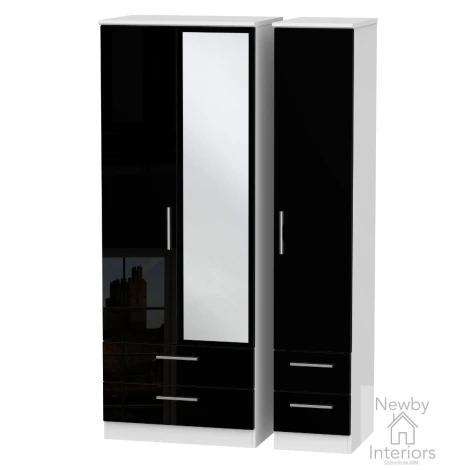 KNI162-BG-BW - Knightsbridge - 3 Door 4 Drawer Tall Triple Mirror Wardrobe - Black Gloss Front and White Base