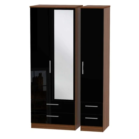 KNI162-BG-NW - Knightsbridge - 3 Door 4 Drawer Tall Triple Mirror Wardrobe - Black Gloss Front and Noche Walnut Base