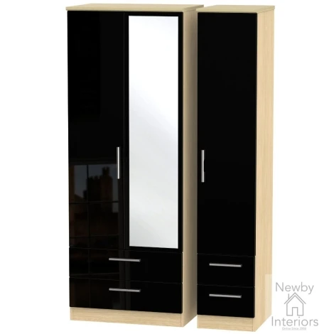 KNI162-BG-OK - Knightsbridge - 3 Door 4 Drawer Tall Triple Mirror Wardrobe - Black Gloss Front and Oak Base
