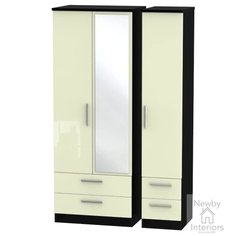 KNI162-CG-BM - Knightsbridge - 3 Door 4 Drawer Tall Triple Mirror Wardrobe - Cream Gloss Front and Black Matt Base