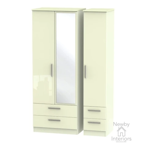 KNI162-CG-CM - Knightsbridge - 3 Door 4 Drawer Tall Triple Mirror Wardrobe - Cream Gloss Front and Matt Base
