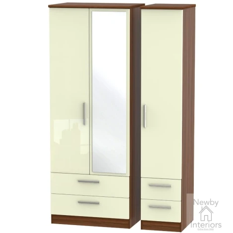 KNI162-CG-NW - Knightsbridge - 3 Door 4 Drawer Tall Triple Mirror Wardrobe - Cream Gloss Front and Noche Walnut Base