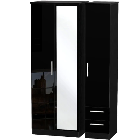 KNI167-BG-BM - Knightsbridge - 3 Door 2 Small Drawer Tall Triple Mirror Wardrobe - Black Gloss Front and Matt Base