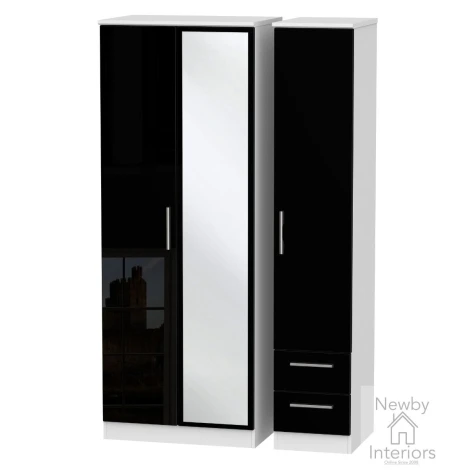KNI167-BG-BW - Knightsbridge - 3 Door 2 Small Drawer Tall Triple Mirror Wardrobe - Black Gloss Front and White Base