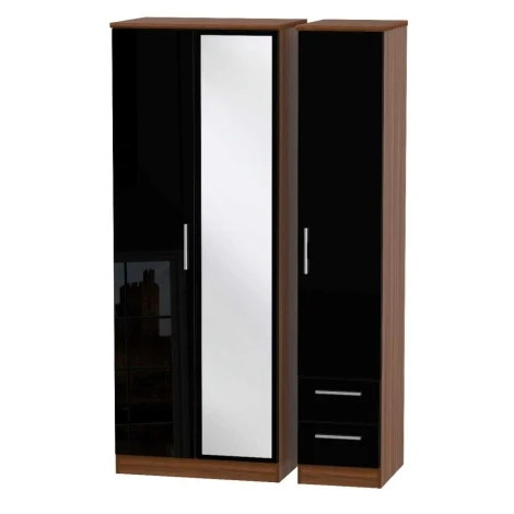 KNI167-BG-NW - Knightsbridge - 3 Door 2 Small Drawer Tall Triple Mirror Wardrobe - Black Gloss Front and Noche Walnut Base