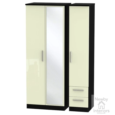 KNI167-CG-BM - Knightsbridge - 3 Door 2 Small Drawer Tall Triple Mirror Wardrobe - Cream Gloss Front and Black Matt Base