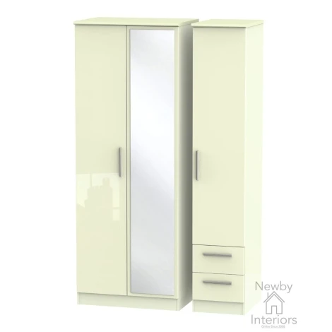 KNI167-CG-CM - Knightsbridge - 3 Door 2 Small Drawer Tall Triple Mirror Wardrobe - Cream Gloss Front and Matt Base