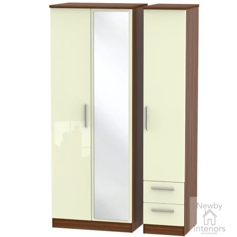 KNI167-CG-NW - Knightsbridge - 3 Door 2 Small Drawer Tall Triple Mirror Wardrobe - Cream Gloss Front and Noche Walnut Base