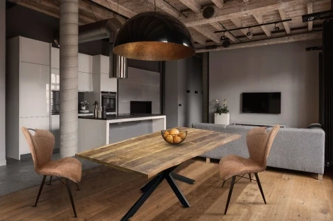 Kerela - Industrial Style - Solid Mango Wood - Brown - 200cm - Oval Dining Table & 6 Mala - Upholstered - Camel Fabric - Dining Chair - Black Metal Leg